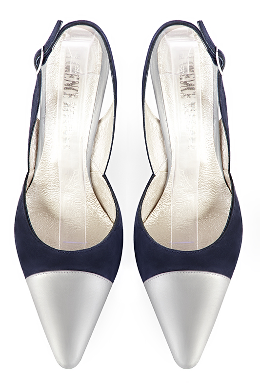 Light silver and navy blue women's slingback shoes. Tapered toe. Very high kitten heels. Top view - Florence KOOIJMAN